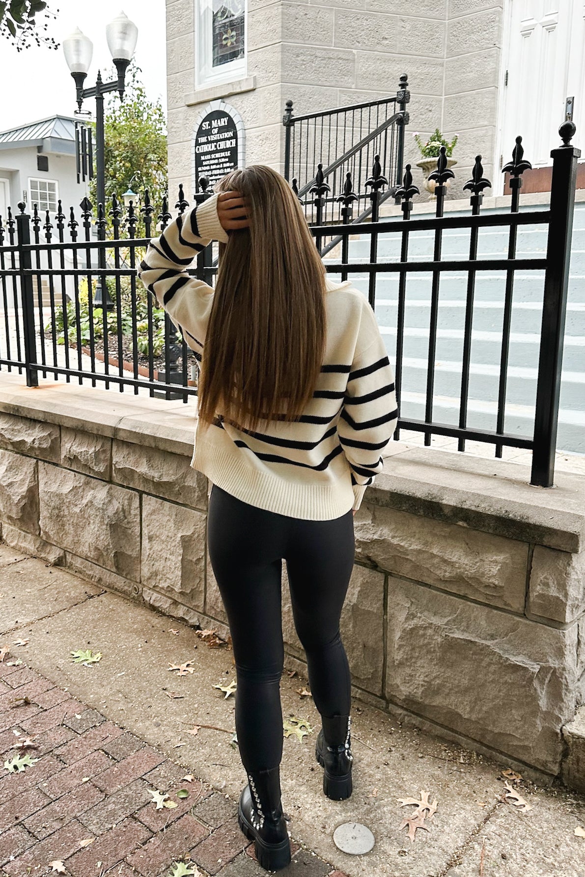 Ivory and Black Striped Half Zip Collared Knit Sweater