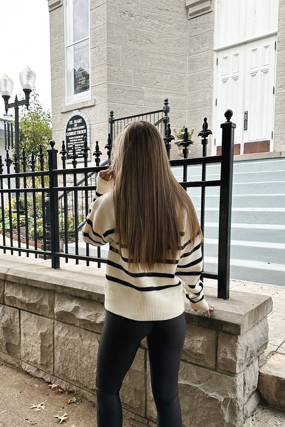 Ivory and Black Striped Half Zip Collared Knit Sweater Kendry