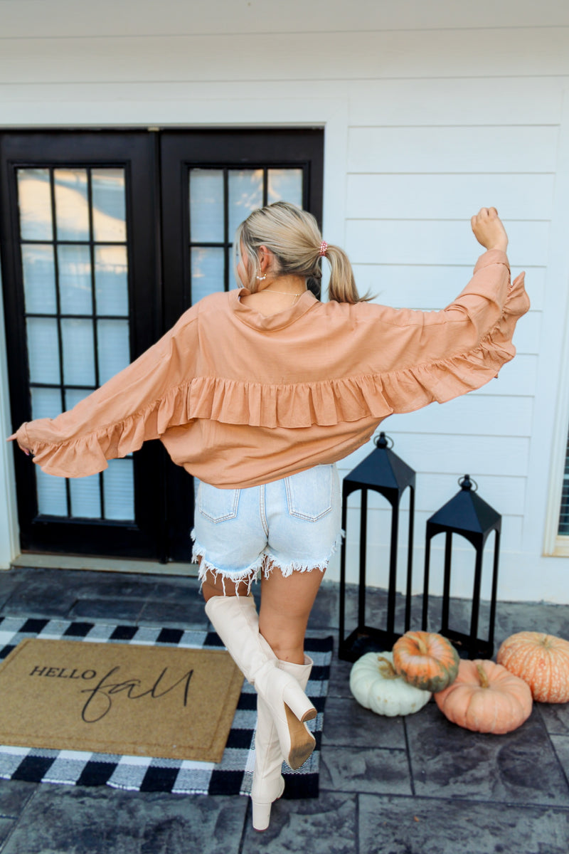 Brown Ruffle Detail Button Down Top