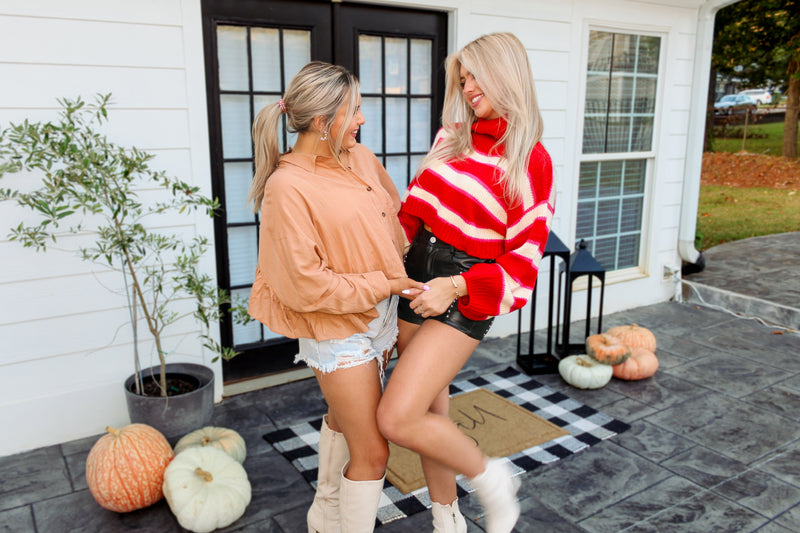 Red Cropped Turtle Neck Striped Sweater