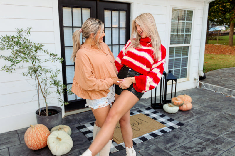 Brown Ruffle Detail Button Down Top