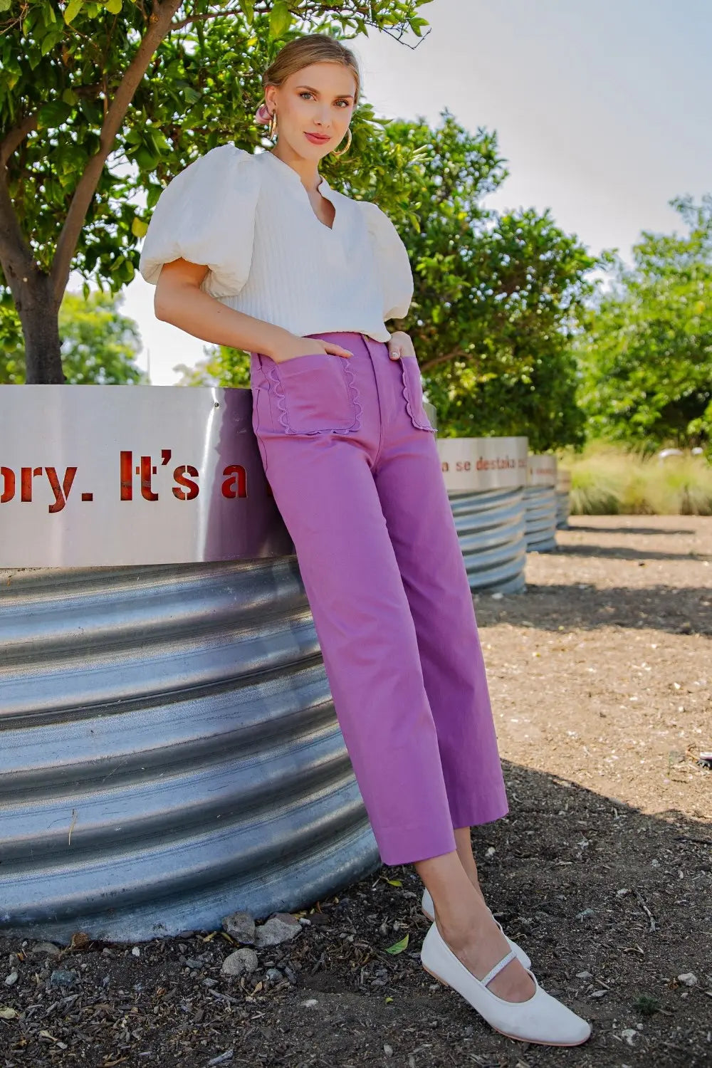 Scalloped Front Pocket Wide Leg Jeans - Orchid Purple