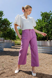 Scalloped Front Pocket Wide Leg Jeans - Orchid Purple