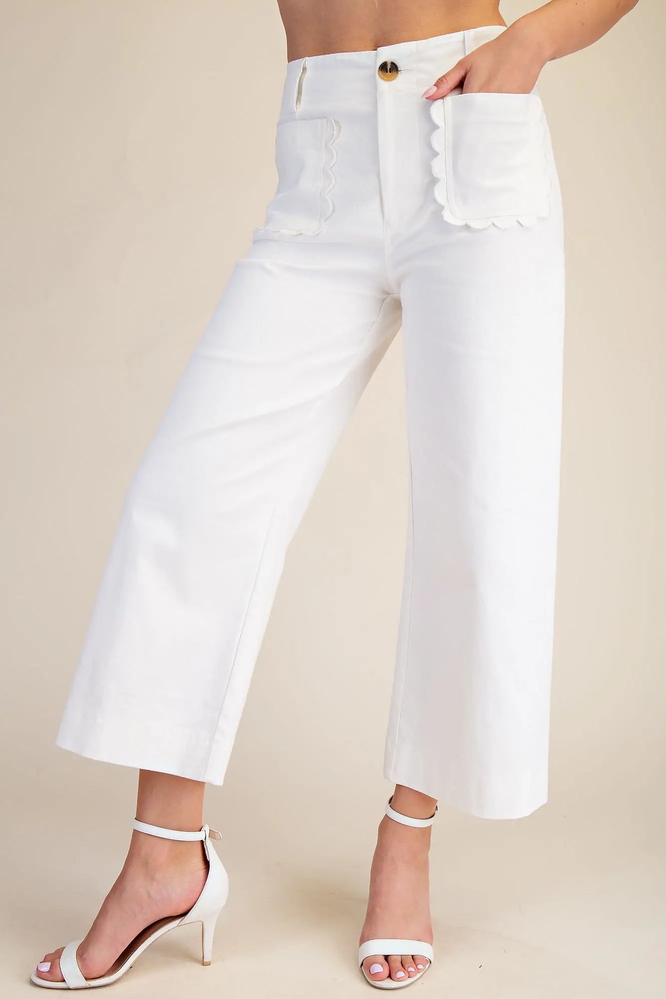 Scalloped Front Pocket Wide Leg Jeans - White