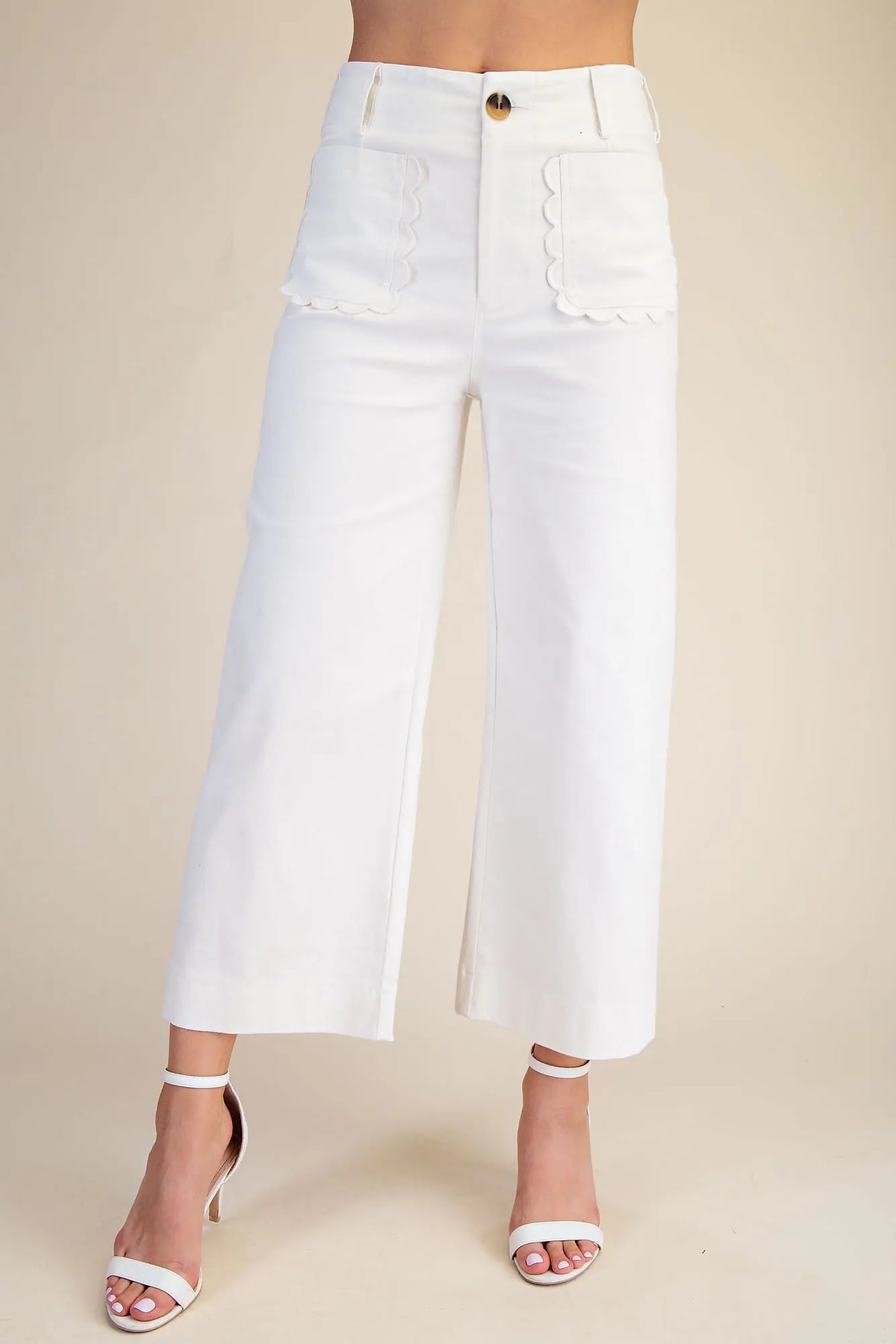 Scalloped Front Pocket Wide Leg Jeans - White