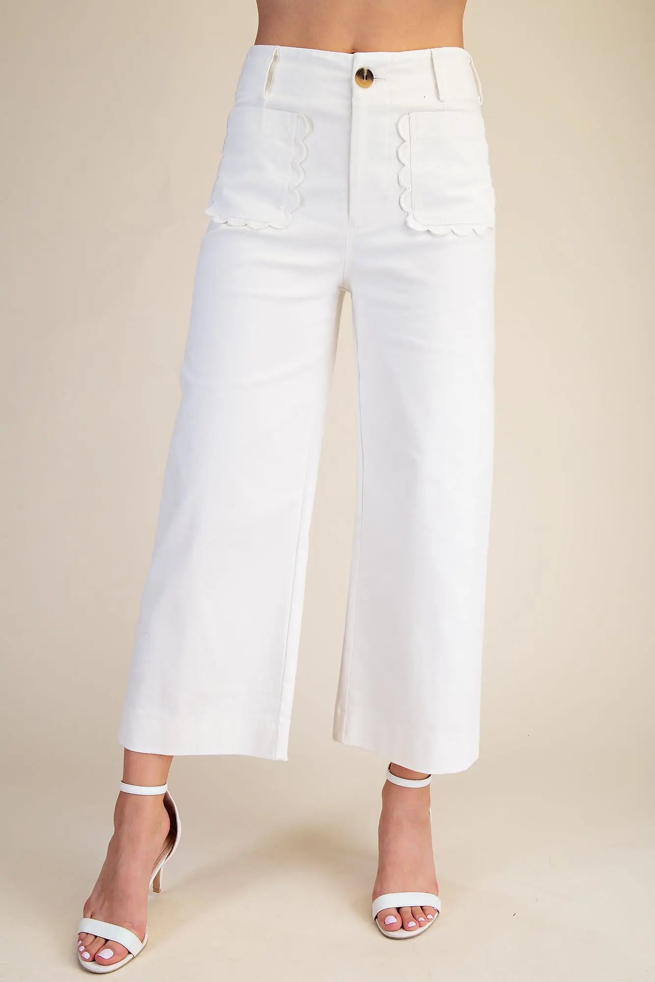 Scalloped Front Pocket Wide Leg Jeans - White