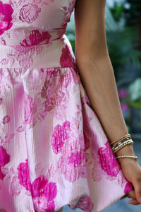 Pink Jacquard Floral Mini Dress With Bubble Hem