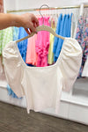 White Puff Sleeve Knit Short Sleeve Top