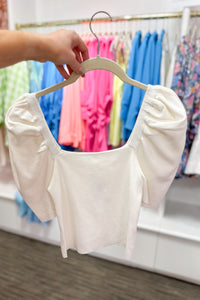 White Puff Sleeve Knit Short Sleeve Top