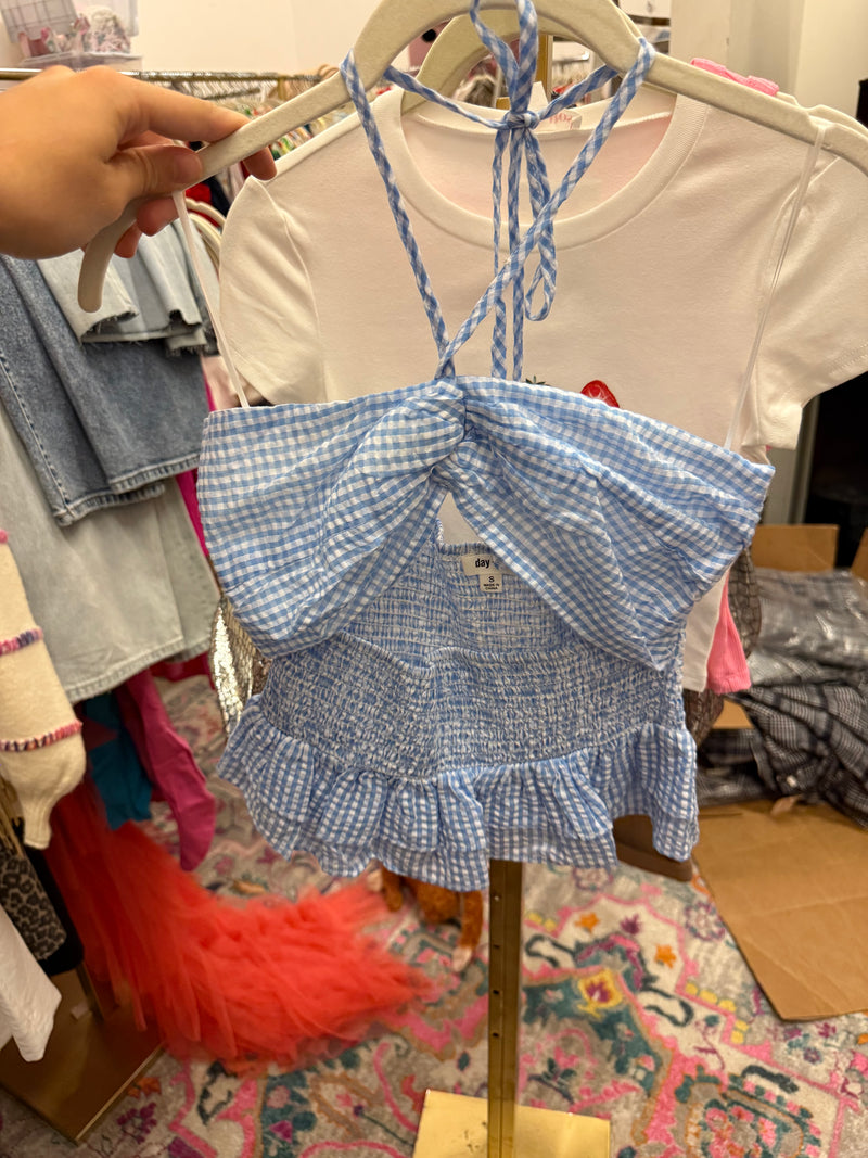 Blue Gingham Pattern Halter Neck Smocked Top