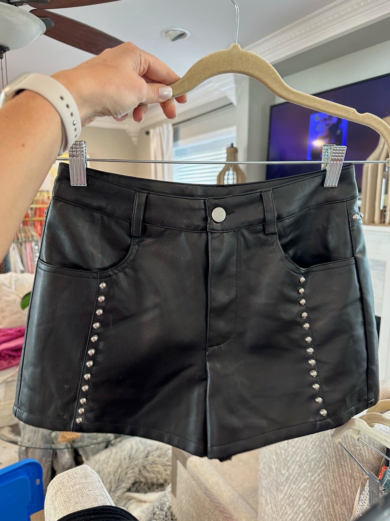 Black Studded Faux Leather Shorts