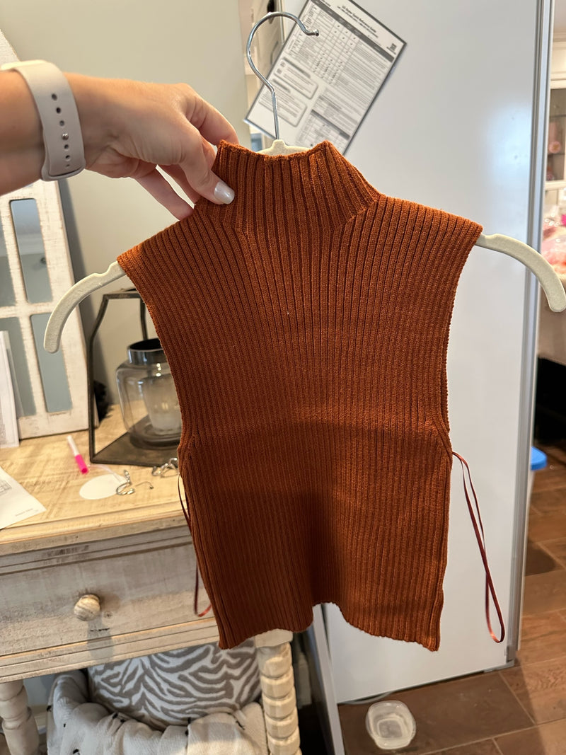 Brown Turtle Neck Ribbed Knit Sweater Top