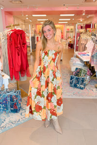 Autumn Romance Floral Pleated Maxi Dress - Orange