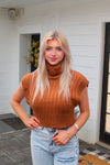 Brown Ribbed Knit Turtleneck Sweater Vest