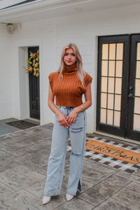 Brown Ribbed Knit Turtleneck Sweater Vest