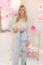 Pearl & Sequin Long Sleeve Crop Top