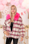 Hot Pink Fur Collar Plaid Shacket