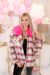 Hot Pink Fur Collar Plaid Shacket