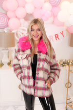 Hot Pink Fur Collar Plaid Shacket