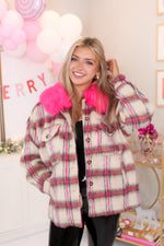 Hot Pink Fur Collar Plaid Shacket
