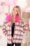 Hot Pink Fur Collar Plaid Shacket