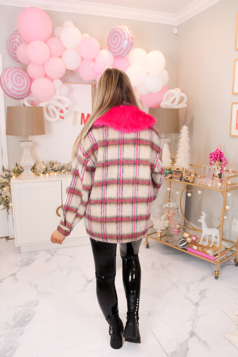 Hot Pink Fur Collar Plaid Shacket