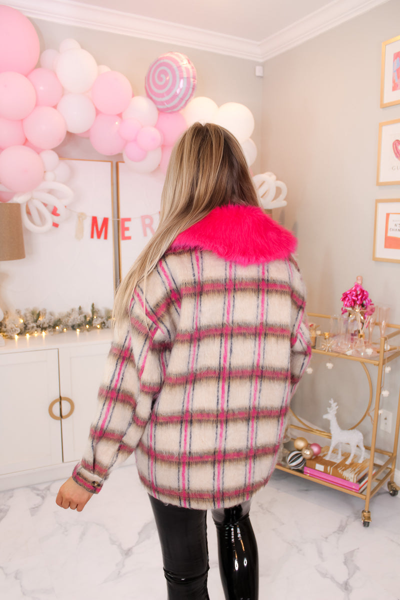 Hot Pink Fur Collar Plaid Shacket