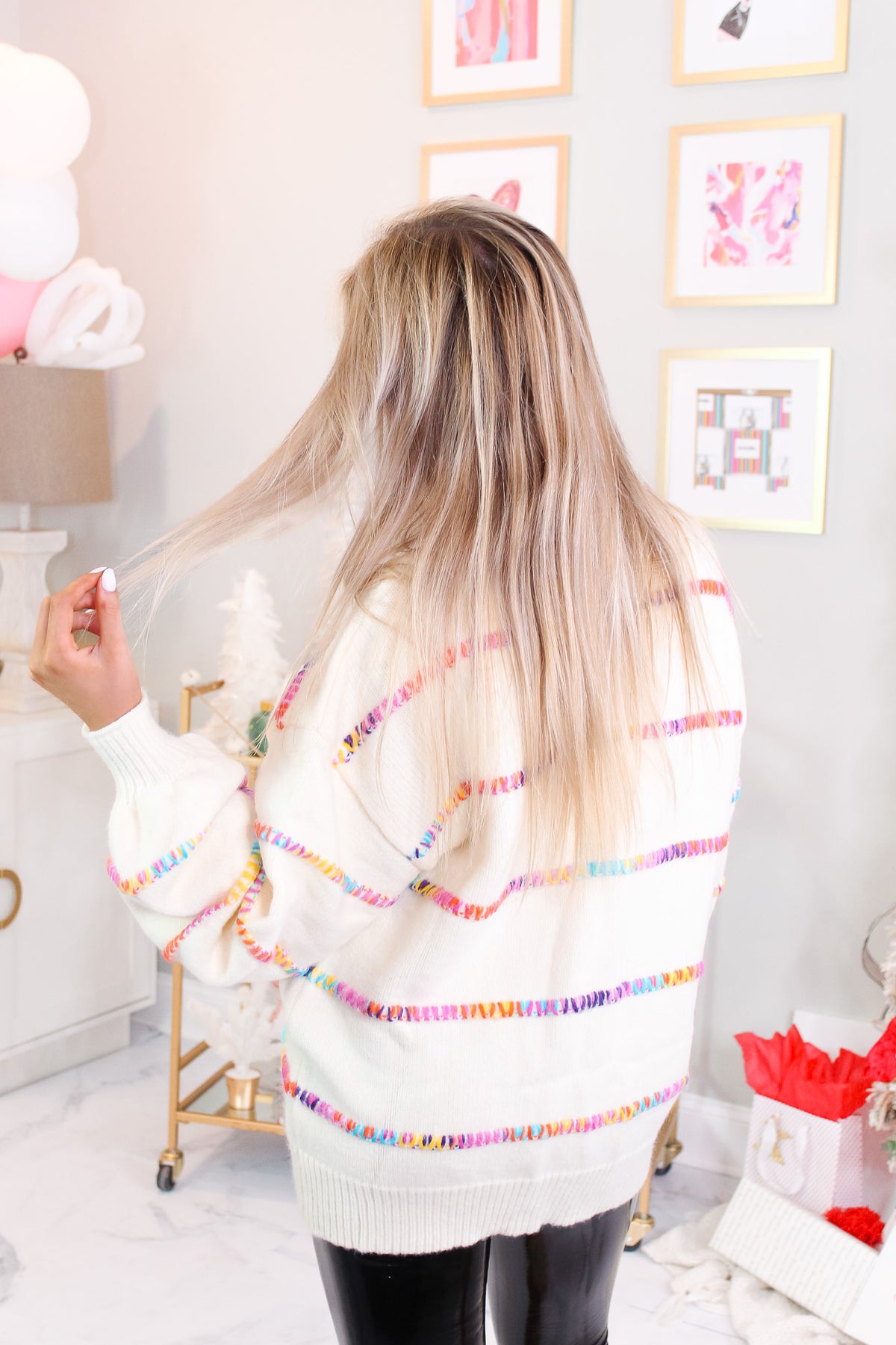 Cream Rainbow Stitch Striped Sweater
