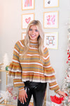 Mustard Striped Pattern Mock Neck Ruffle Detail Sweater
