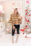 Mustard Striped Pattern Mock Neck Ruffle Detail Sweater