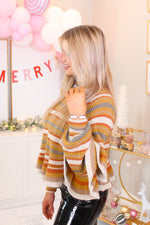 Mustard Striped Pattern Mock Neck Ruffle Detail Sweater