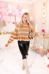Mustard Striped Pattern Mock Neck Ruffle Detail Sweater