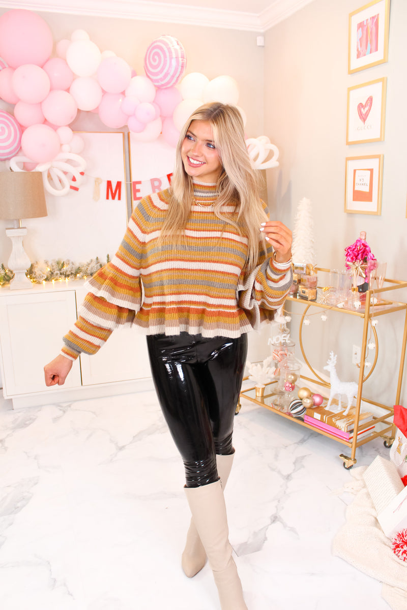 Mustard Striped Pattern Mock Neck Ruffle Detail Sweater