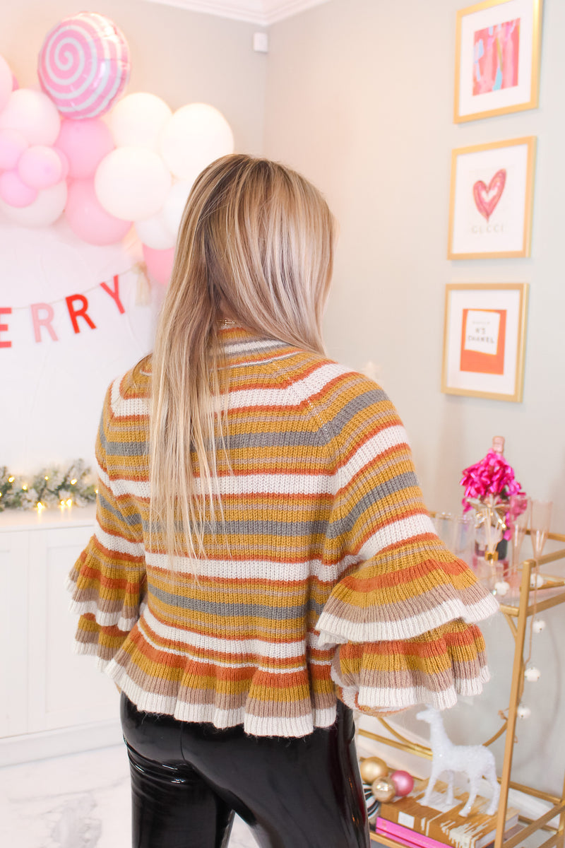 Mustard Striped Pattern Mock Neck Ruffle Detail Sweater