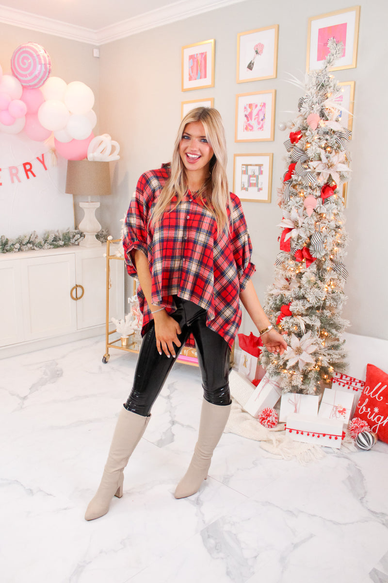 Red Oversized Plaid Button Down Top