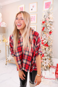 Red Oversized Plaid Button Down Top