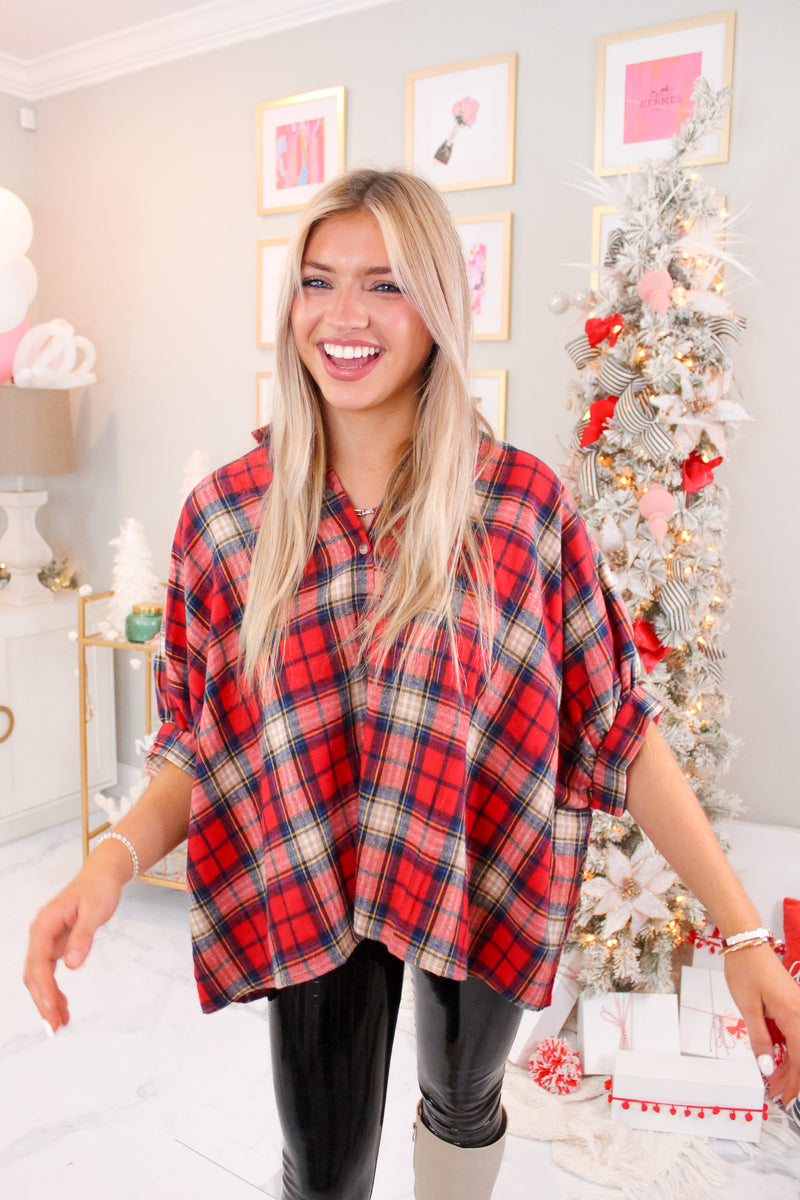 Red Oversized Plaid Button Down Top