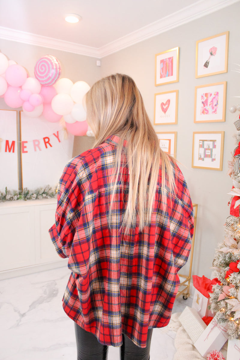 Red Oversized Plaid Button Down Top
