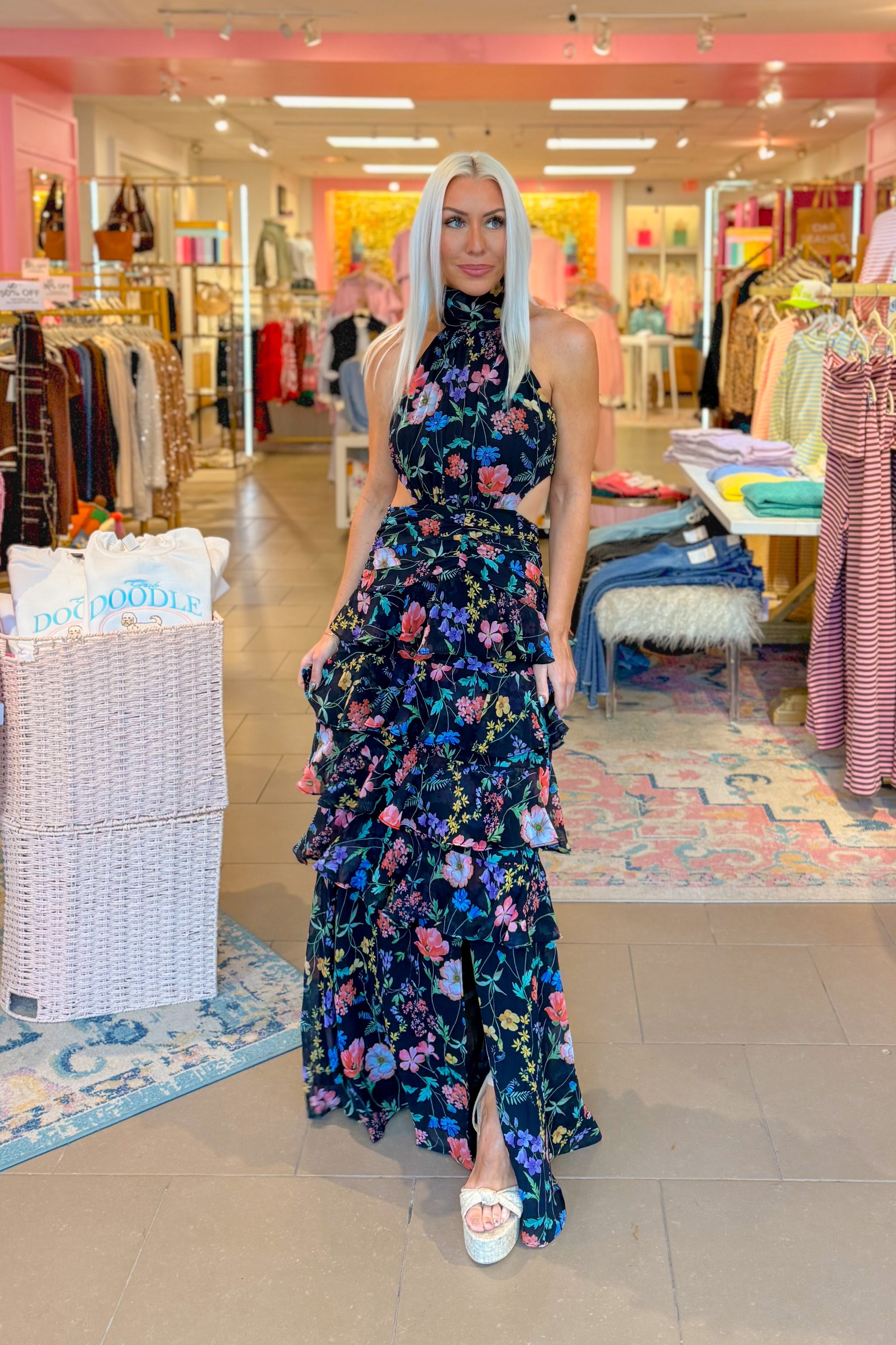 floral print tiered ruffle maxi dress Black Floral Print Tiered Ruffle Maxi Dress