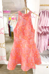 Orange and Pink Jacquard Floral Halter Neck Mini Dress