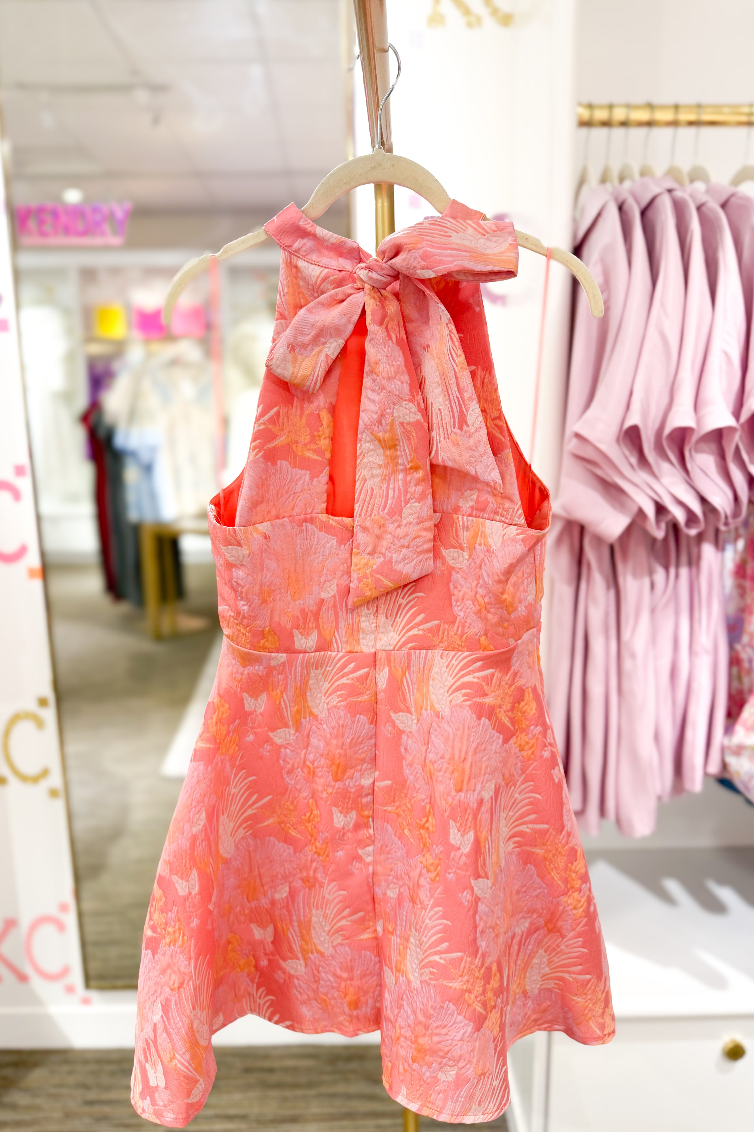 Orange and Pink Jacquard Floral Halter Neck Mini Dress Orange and Pink Jacquard Floral Halter Neck Mini Dress