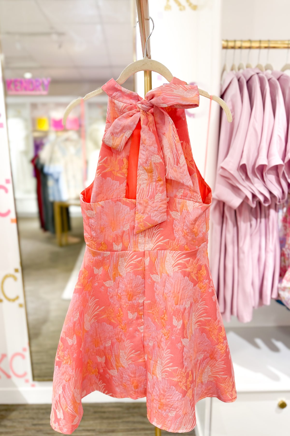 Orange and Pink Jacquard Floral Halter Neck Mini Dress