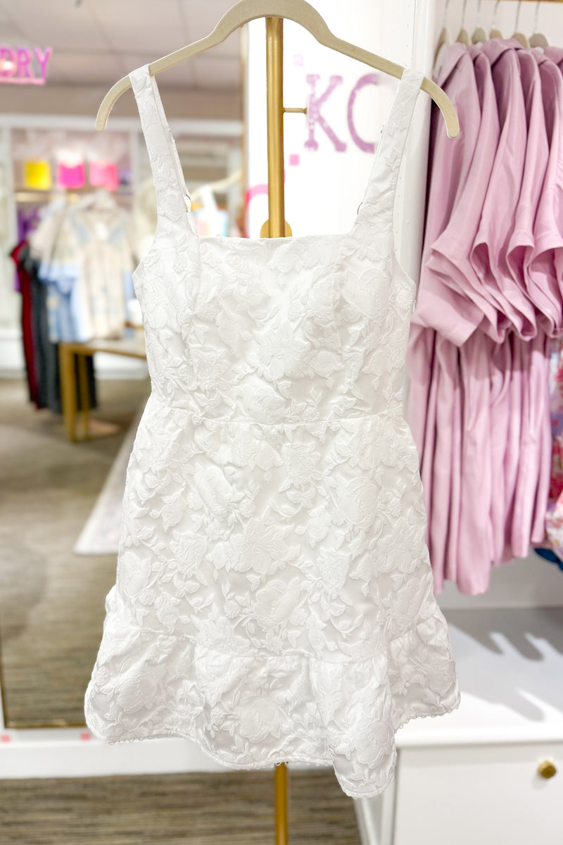 White Square Neck Jacquard Floral Mini Dress