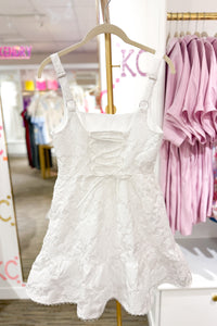 White Square Neck Jacquard Floral Mini Dress