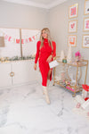 Red Long Sleeve Ribbed Turtleneck Midi Dress