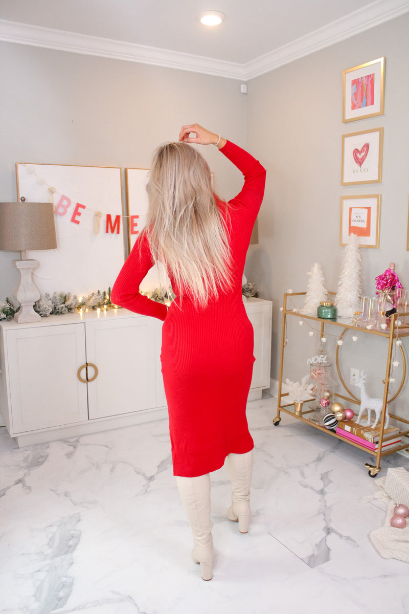 Red Long Sleeve Ribbed Turtleneck Midi Dress