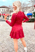 Red V-Neck Long Sleeve Ruffle Dress