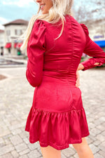 Red V-Neck Long Sleeve Ruffle Dress