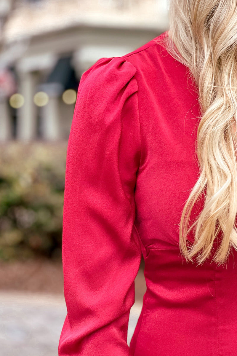 Red V-Neck Long Sleeve Ruffle Dress