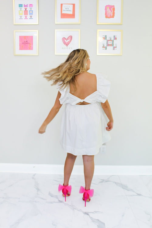 White Ruffle Detail Tie Back Dress
